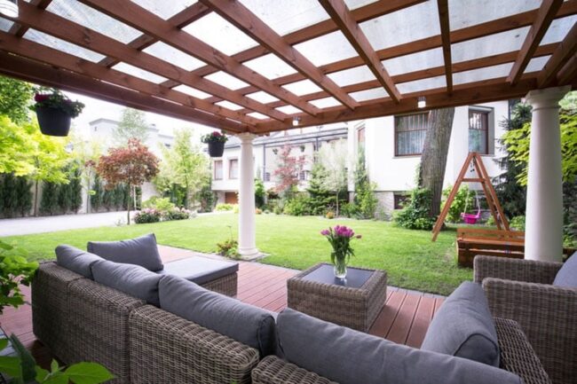White Columns Embrace Wooden Pergola Sanctuary