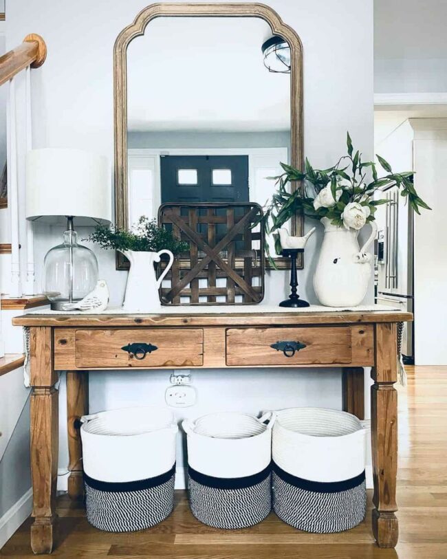 Wooden Console Brass Mirror Green Accent