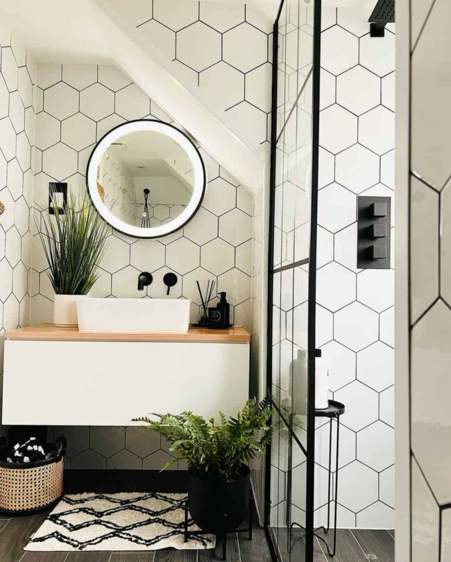 Geometric White Grid Bathroom Design