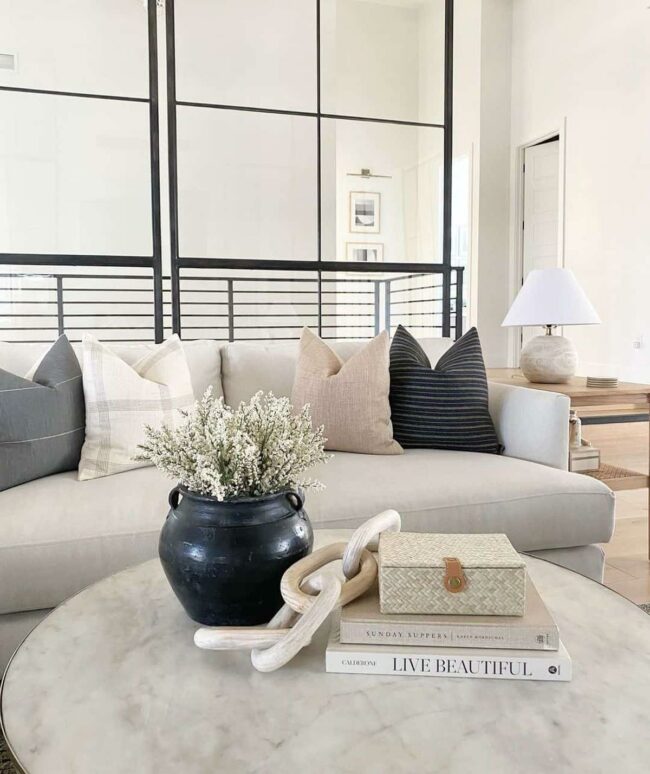 Wooden Centerpiece Softens Gray Sanctuary