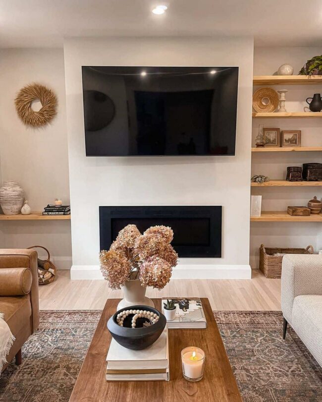 Fireplace Sanctuary Red Wood Shelves