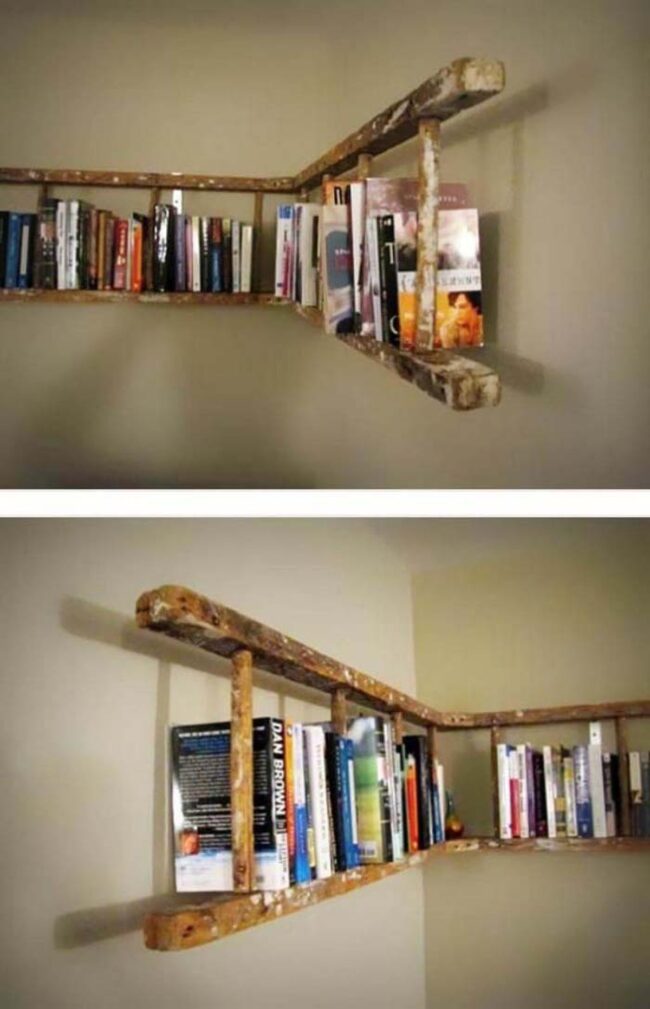 Weathered Ladder Shelves Copper Accent