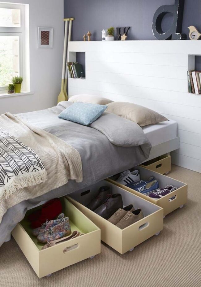 Wheeled Gray Storage Boxes Underneath Bed