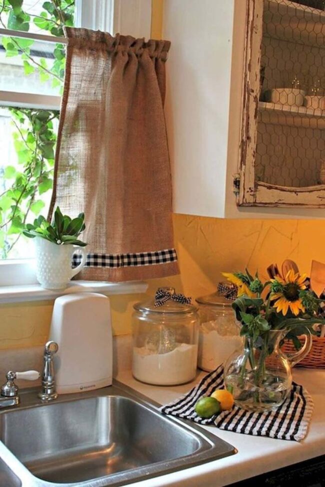Gingham Trim Softens Burlap Curtains