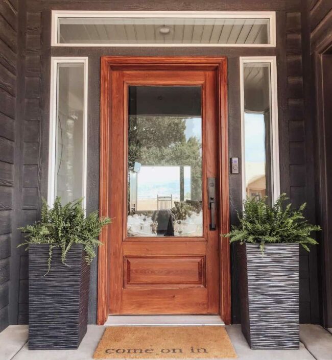 Green Sentinels Flanking Wooden Doorway