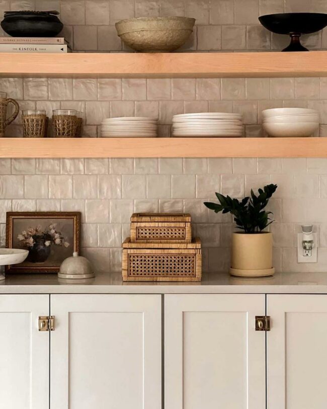 Airy White Kitchen, Natural Wooden Shelves