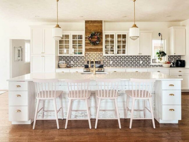 Blush Pink Stools Soften White Kitchen