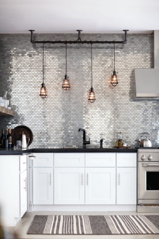 Luminous Silver Tiles Elevate Kitchen