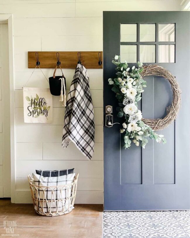 Navy Door Spring Wreath Entrance
