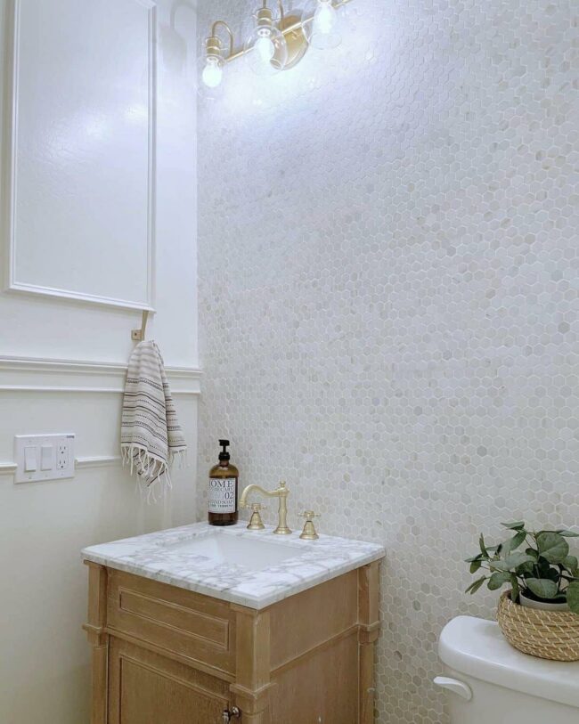 Golden Gleam White Penny Tile Bathroom