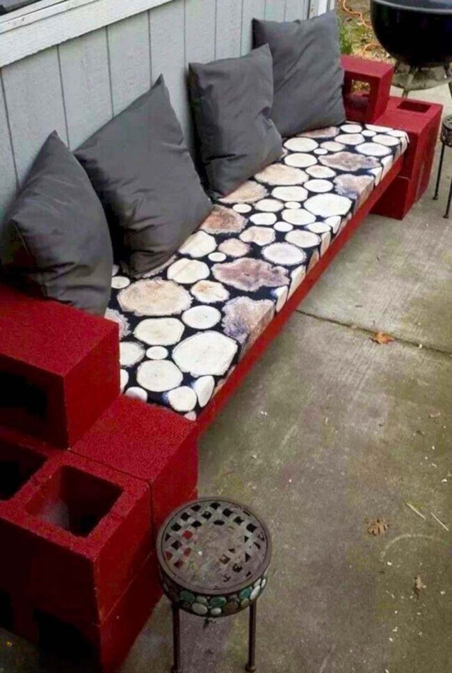 Red Cinderblock Lounge Wood Slice Seat