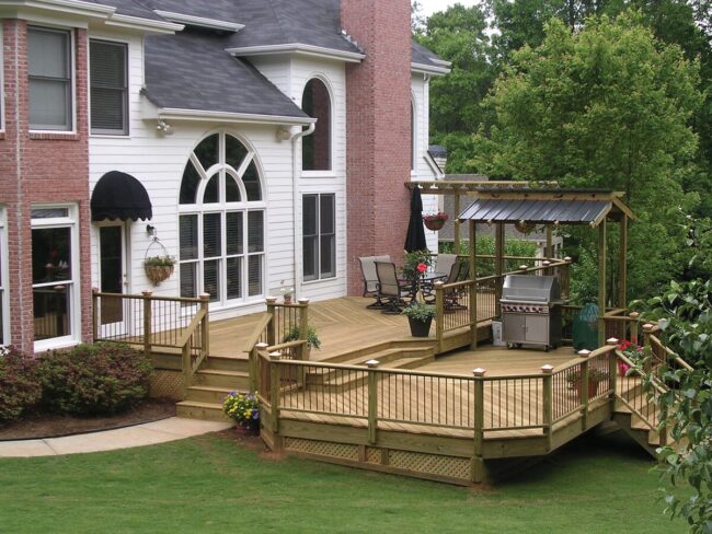 Wooden Staircase Deck Connects Levels