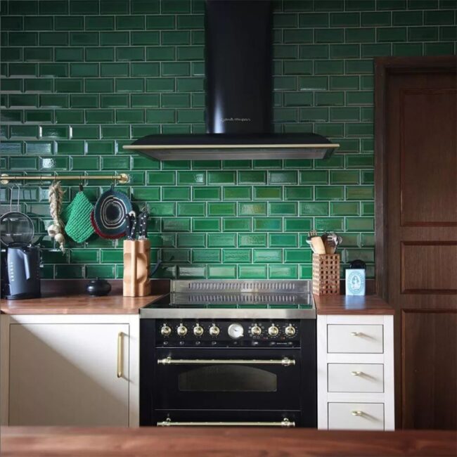 Green Tile Wall Meets Walnut Drama