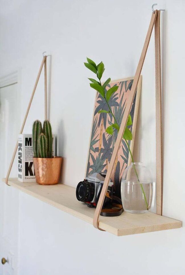 Leather Straps Wooden Floating Shelf