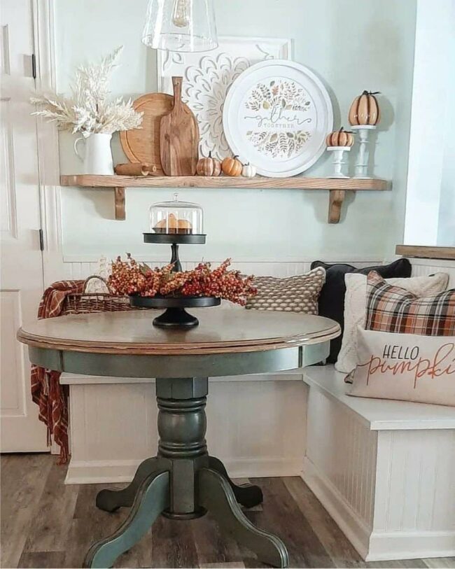Soft Gray Table Meets Crisp White Bench