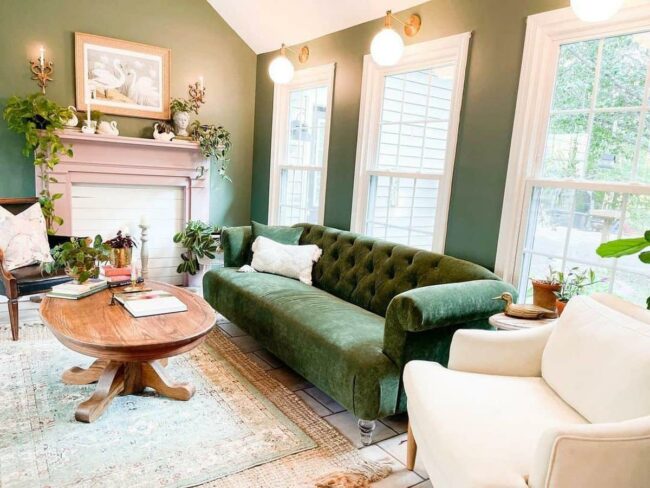 Green Velvet Sofa Sparks Living Space