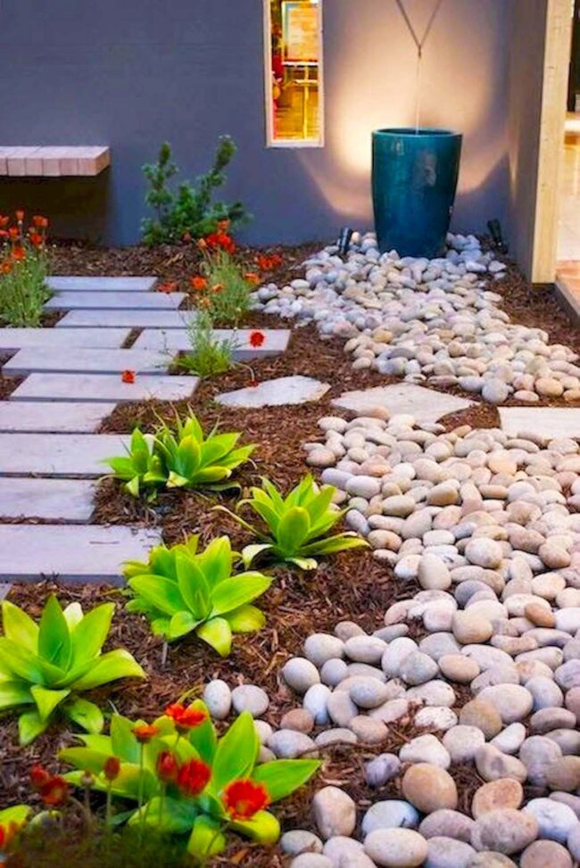 Blue Urn Anchors Stone Garden Path