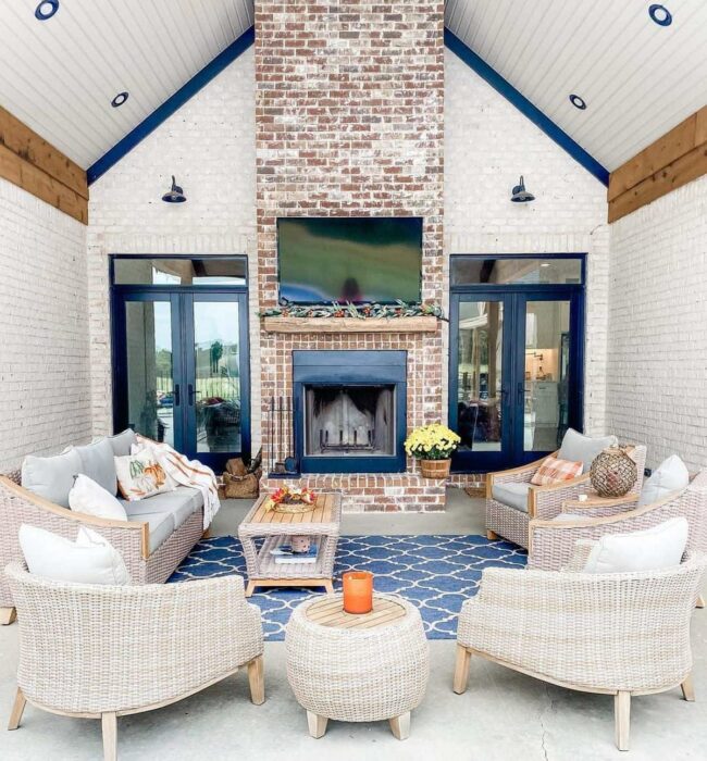 Blue Brick Fireplace Outdoor Living Space