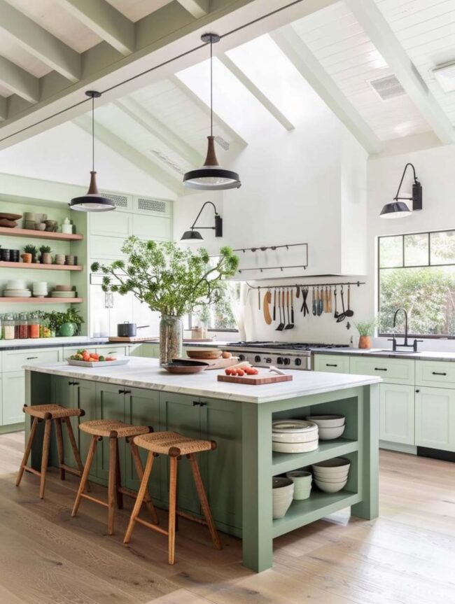 Sage Green Split Cabinets Brighten Kitchen