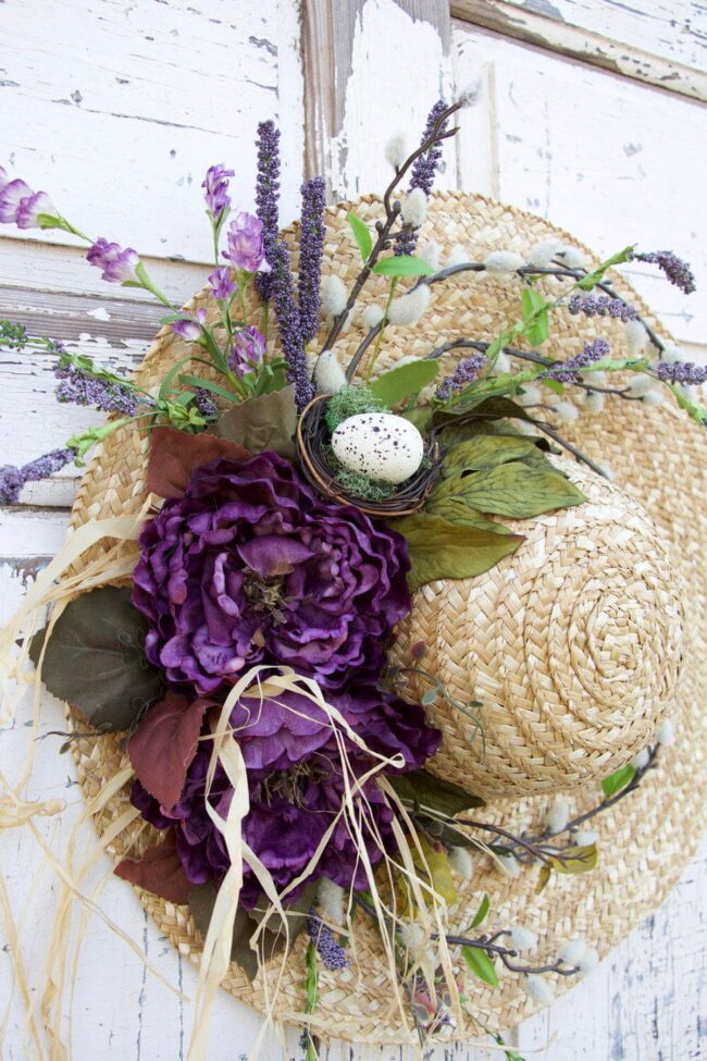 Purple Blooms Rustic Straw Wreath