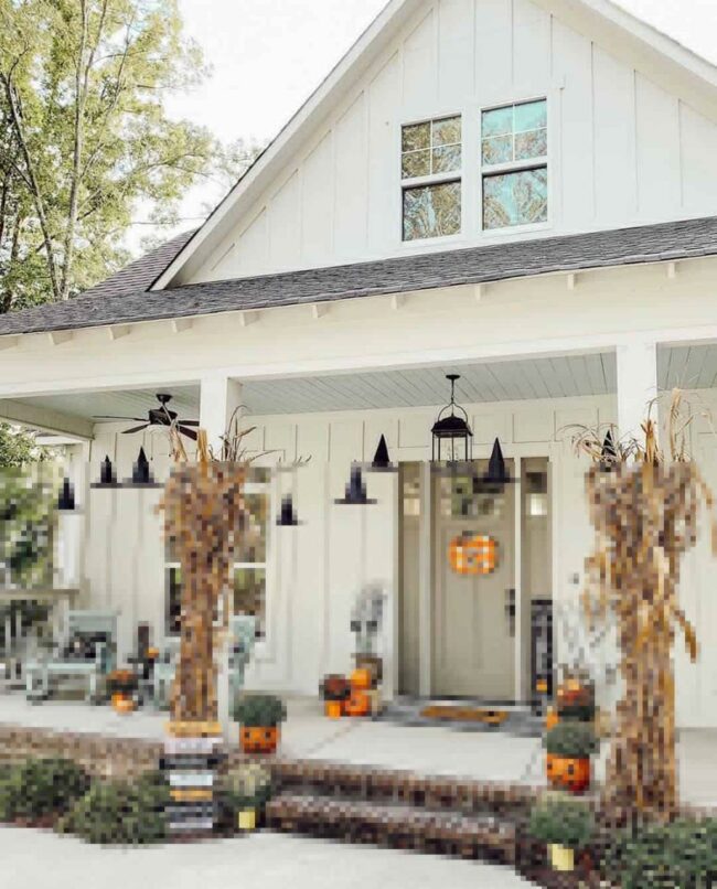 Gray Shiplap Ceiling Softens White Porch