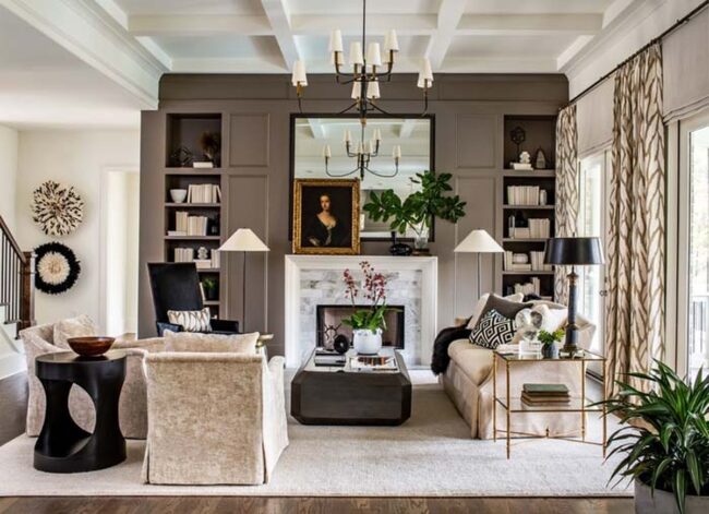 Chocolate-Toned Shelves Embrace Fireplace Seamlessly
