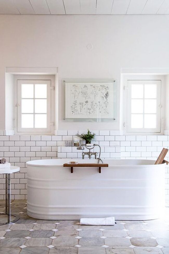 White Metal Tub Farmhouse Bathroom Statement