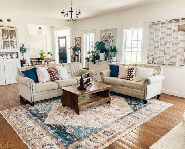 Soft Blue Vintage Rug Anchors Comfort