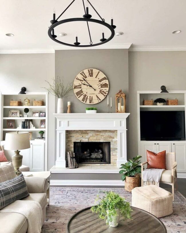 Gray Stone Fireplace Anchors Contemporary Farmhouse