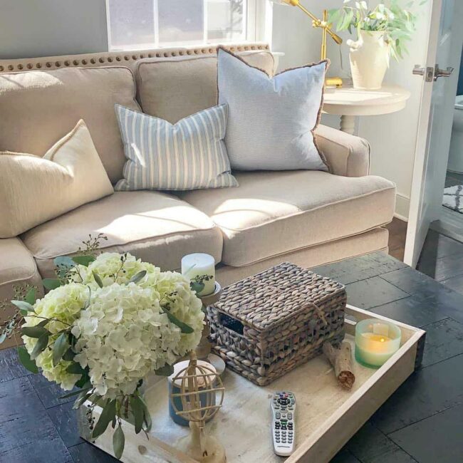 Soft White Hydrangeas Beside Wicker
