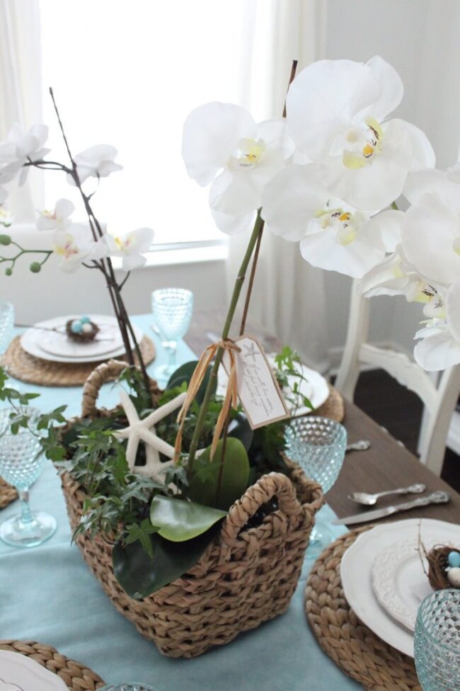 Ivory Orchids in Woven Basket