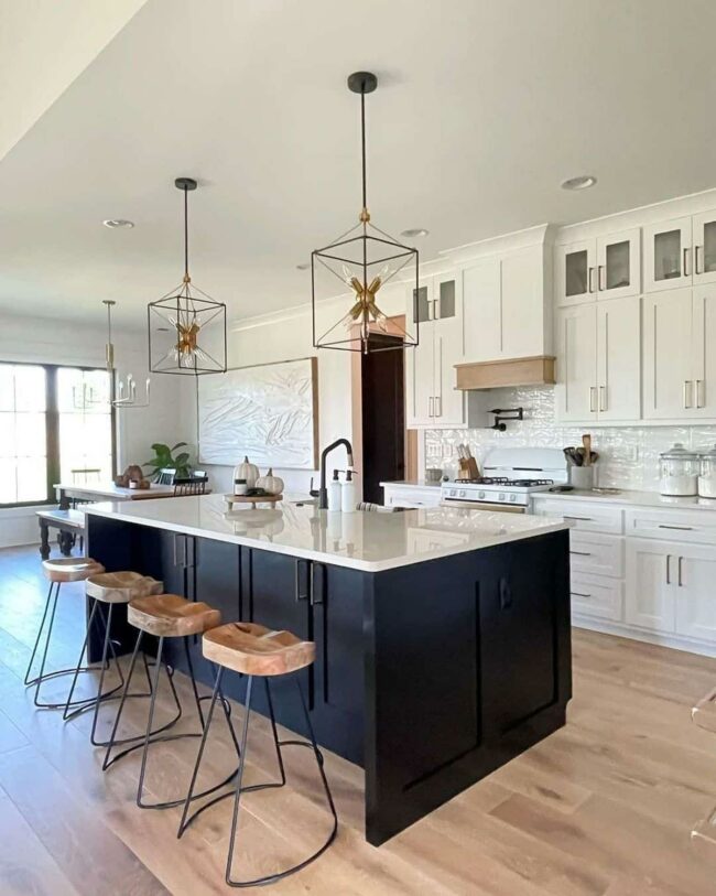 Black Island Anchors Crisp White Kitchen