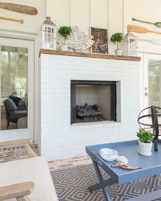 White Fireplace Blue Table Outdoor Haven