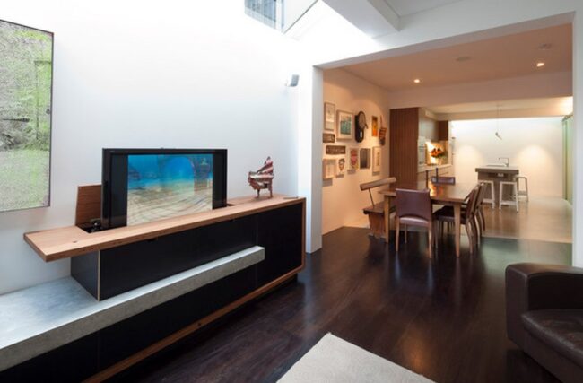 Wooden Stone Console Conceals Screen