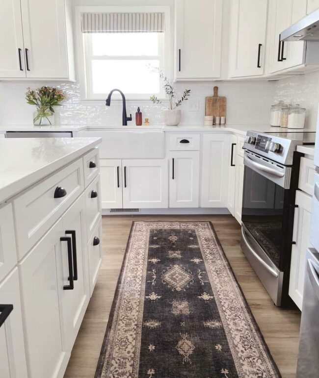 Chocolate Brown Rug Anchors Pristine Kitchen
