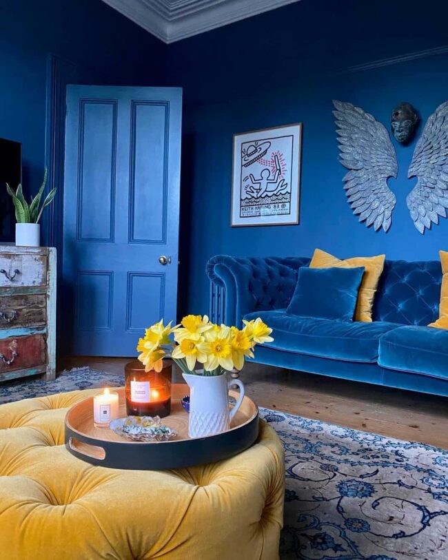 Blue Tufted Opulence Meets Mustard Accent