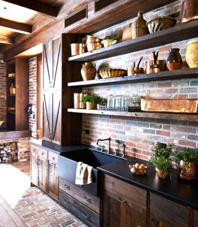 Exposed Wood Shelves Bold Kitchen Statement