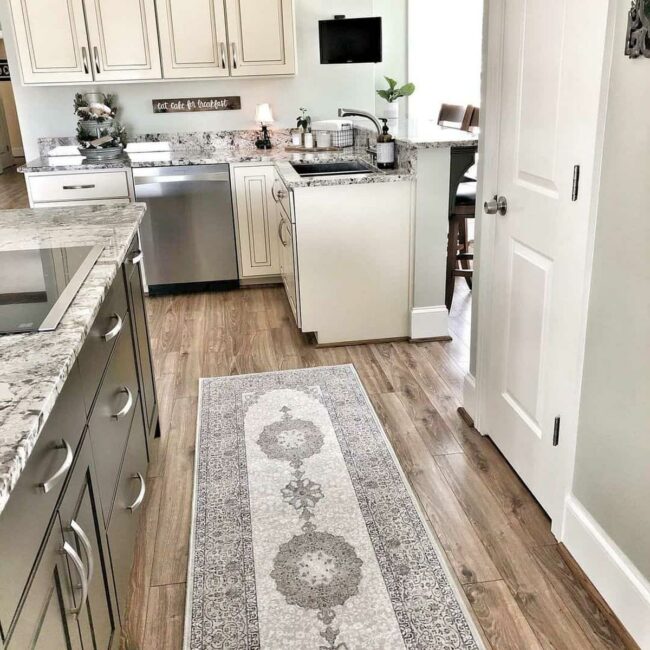 Gray Rug Softens Farmhouse Kitchen Charm