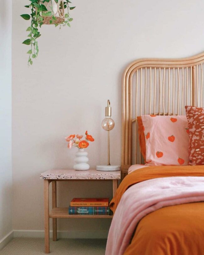 Harp-Spindle Headboard Meets Orange Bloom