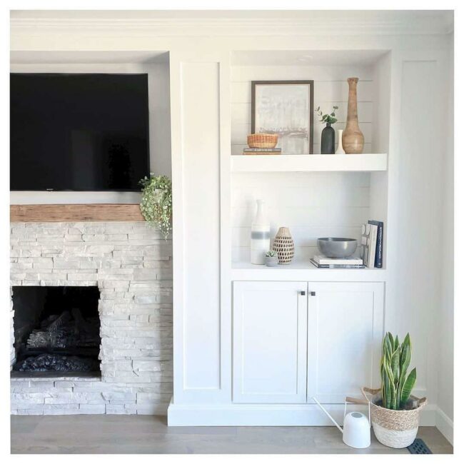 Gray Stone Fireplace Shelves Harmony