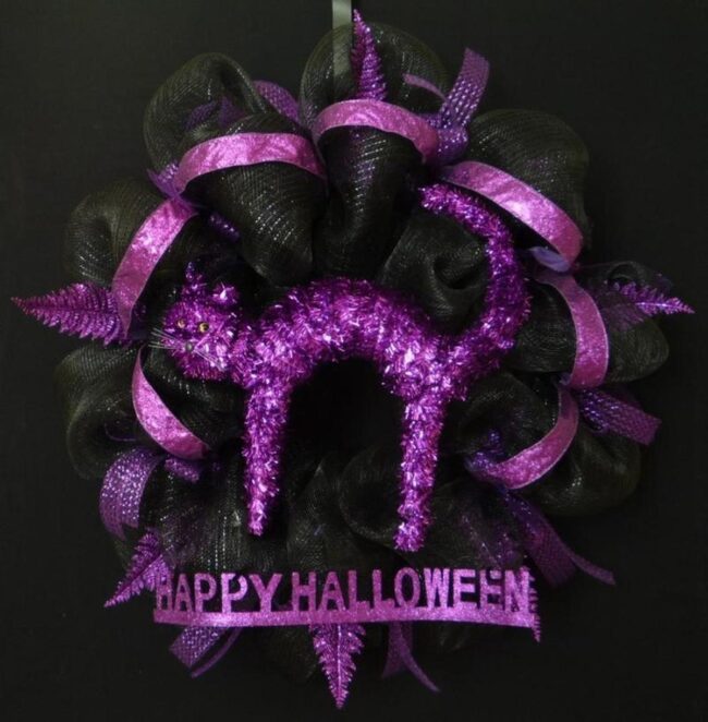 Purple Cat Halloween Wreath