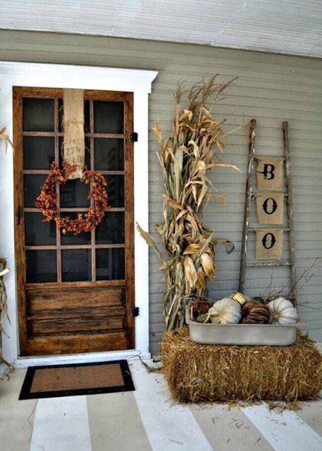 Farmhouse White Pumpkin Entrance